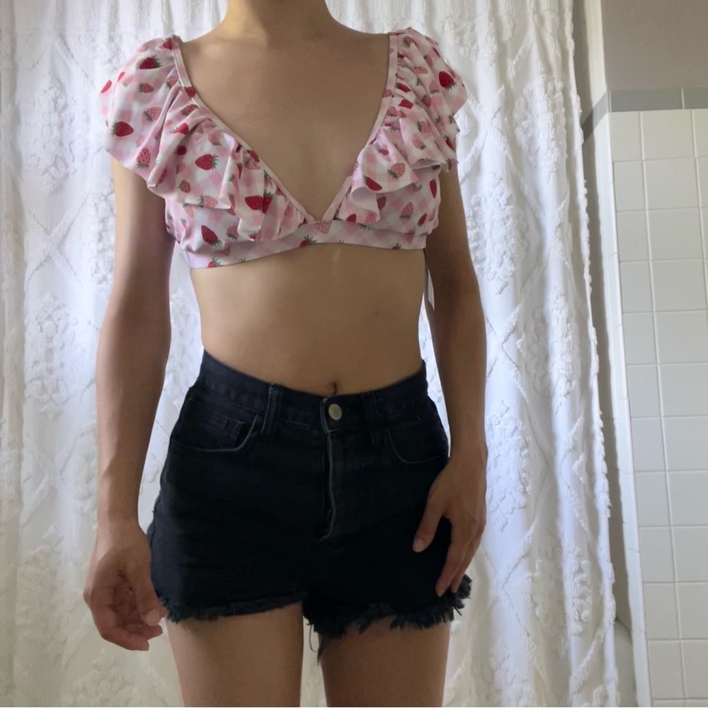 Light pink strawberry print ruffle bikini top